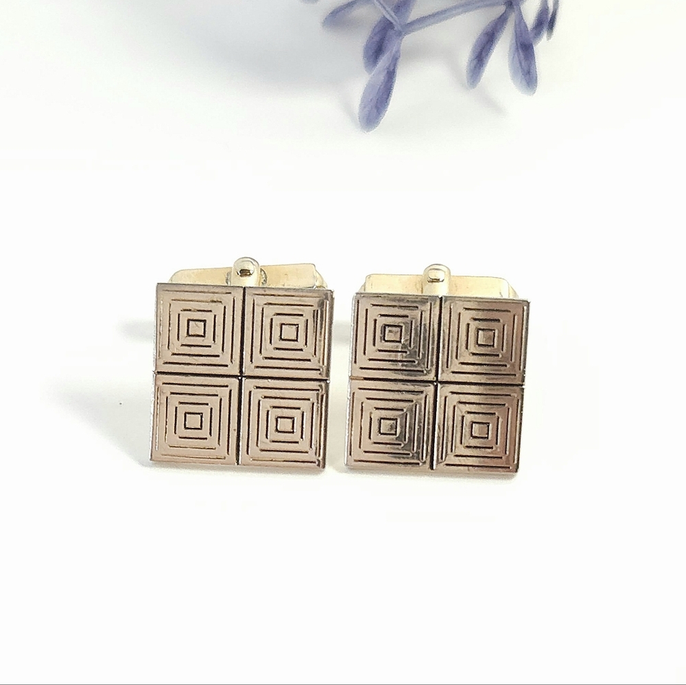 Vintage Swank Gold Plated Concentric Squares Geometric Cuff Links 1970s Signed